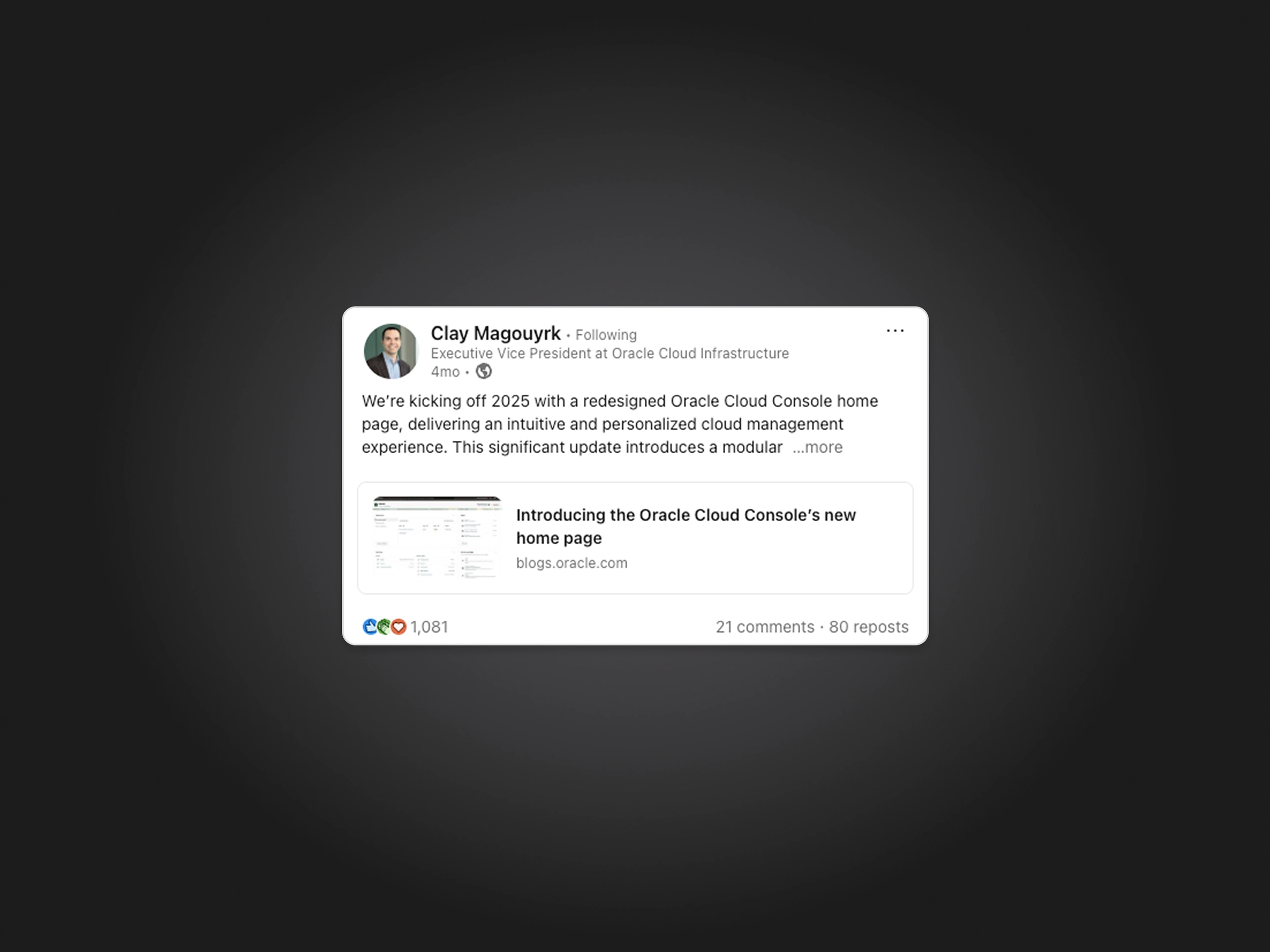 LinkedIn post from Clay Magouyrk